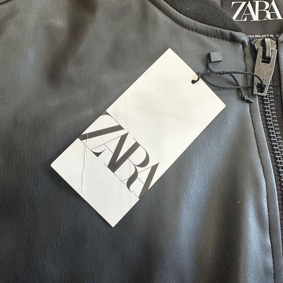 Zara Bomber Jacket Mens 2XL Black Faux Leather Zip Biker Goth Punk Designer - Picture 2 of 13